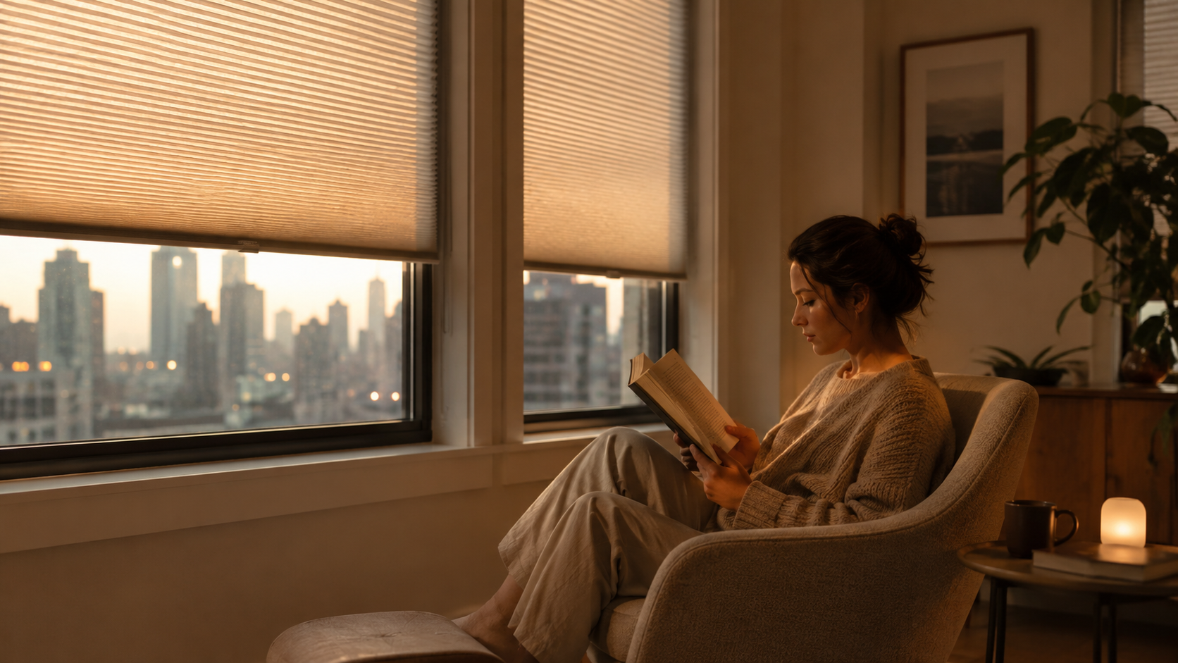 Woman relaxing by window with cellular soundproof shades